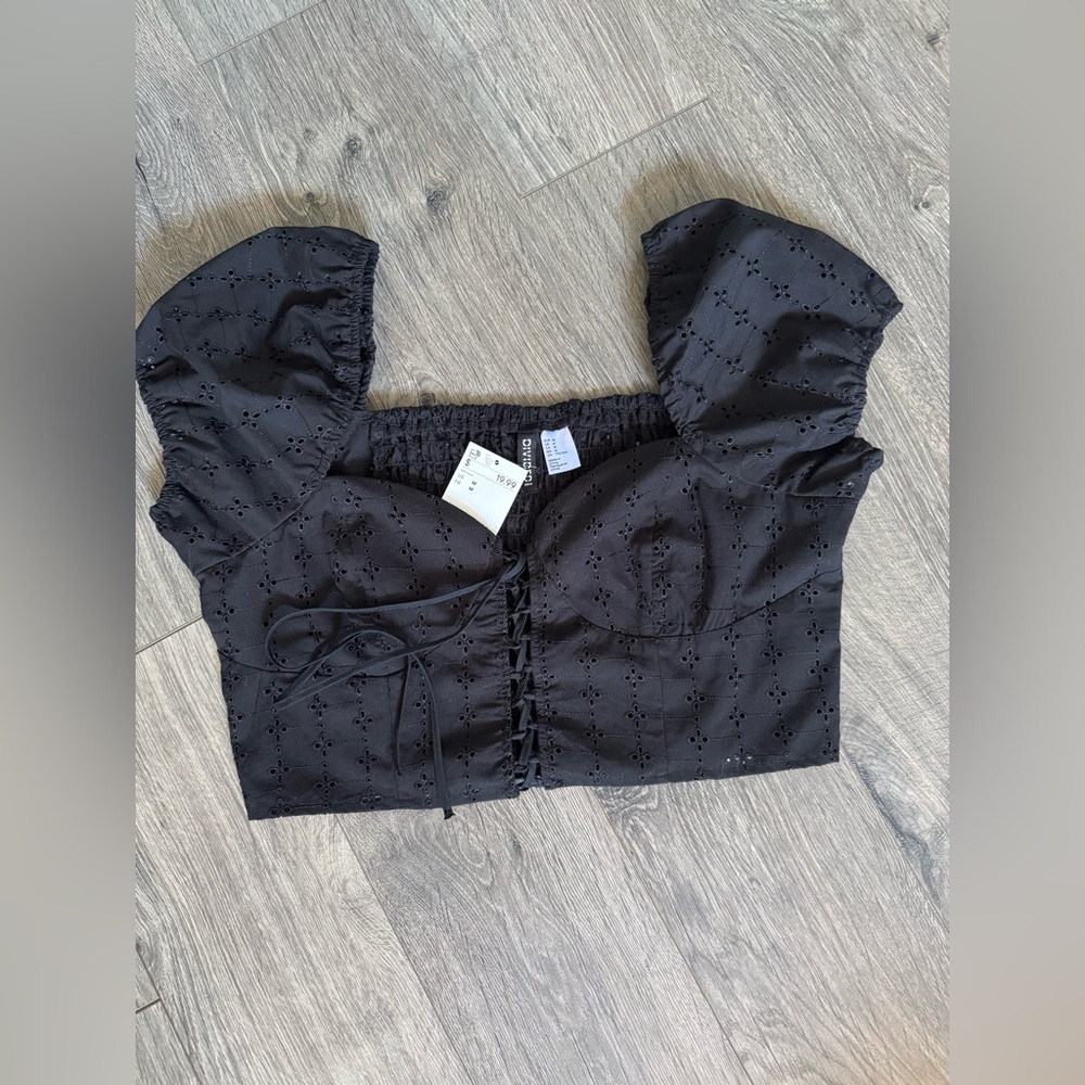 H&M Black Eyelet Crop Top with Puff Sleeves